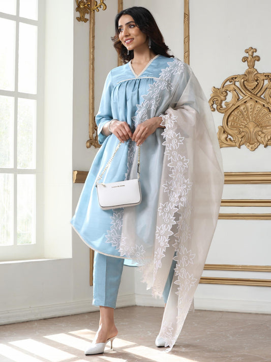 Dhiyona ST Women’s Blue Suit Set with Pant | 2 Pc Set, Gathered Design, Lace Detailing, V Neck, 3/4th Sleeves, Work Wear, Casual (PRF'T Lux Duchess Satin Fabric)