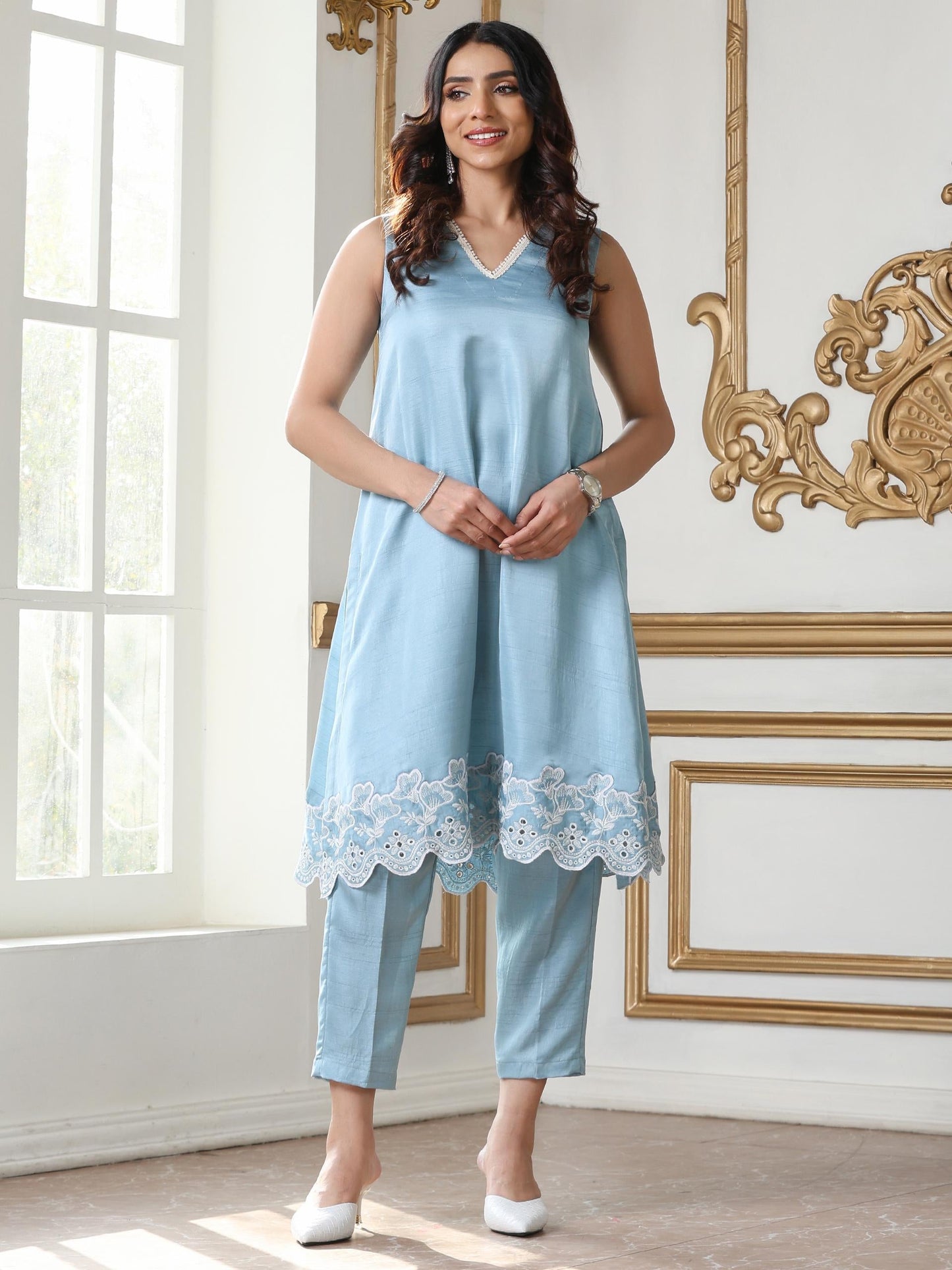 Dhiyona ST Women’s Blue Suit Set with Pant | 2 Pc Set, A-Line, Schiffli Embroidery on Hem, Sleeveless, Work Wear, Casual Wear (PRF'T Lux Duchess Satin Fabric)
