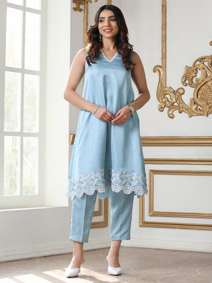 Dhiyona ST Women’s Blue Suit Set with Pant | 2 Pc Set, A-Line, Schiffli Embroidery on Hem, Sleeveless, Work Wear, Casual Wear (PRF'T Lux Duchess Satin Fabric)