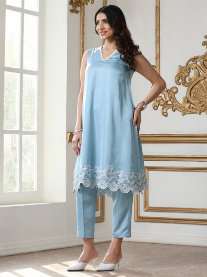 Dhiyona ST Women’s Blue Suit Set with Pant | 2 Pc Set, A-Line, Schiffli Embroidery on Hem, Sleeveless, Work Wear, Casual Wear (PRF'T Lux Duchess Satin Fabric)