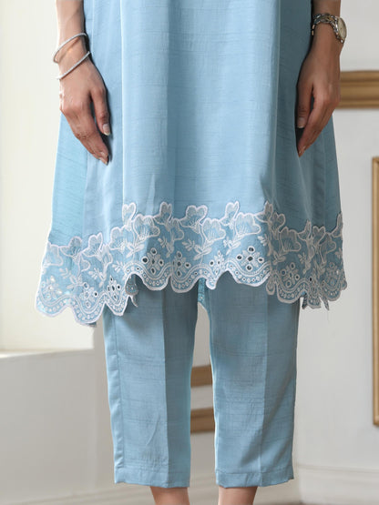 Dhiyona ST Women’s Blue Suit Set with Pant | 2 Pc Set, A-Line, Schiffli Embroidery on Hem, Sleeveless, Work Wear, Casual Wear (PRF'T Lux Duchess Satin Fabric)