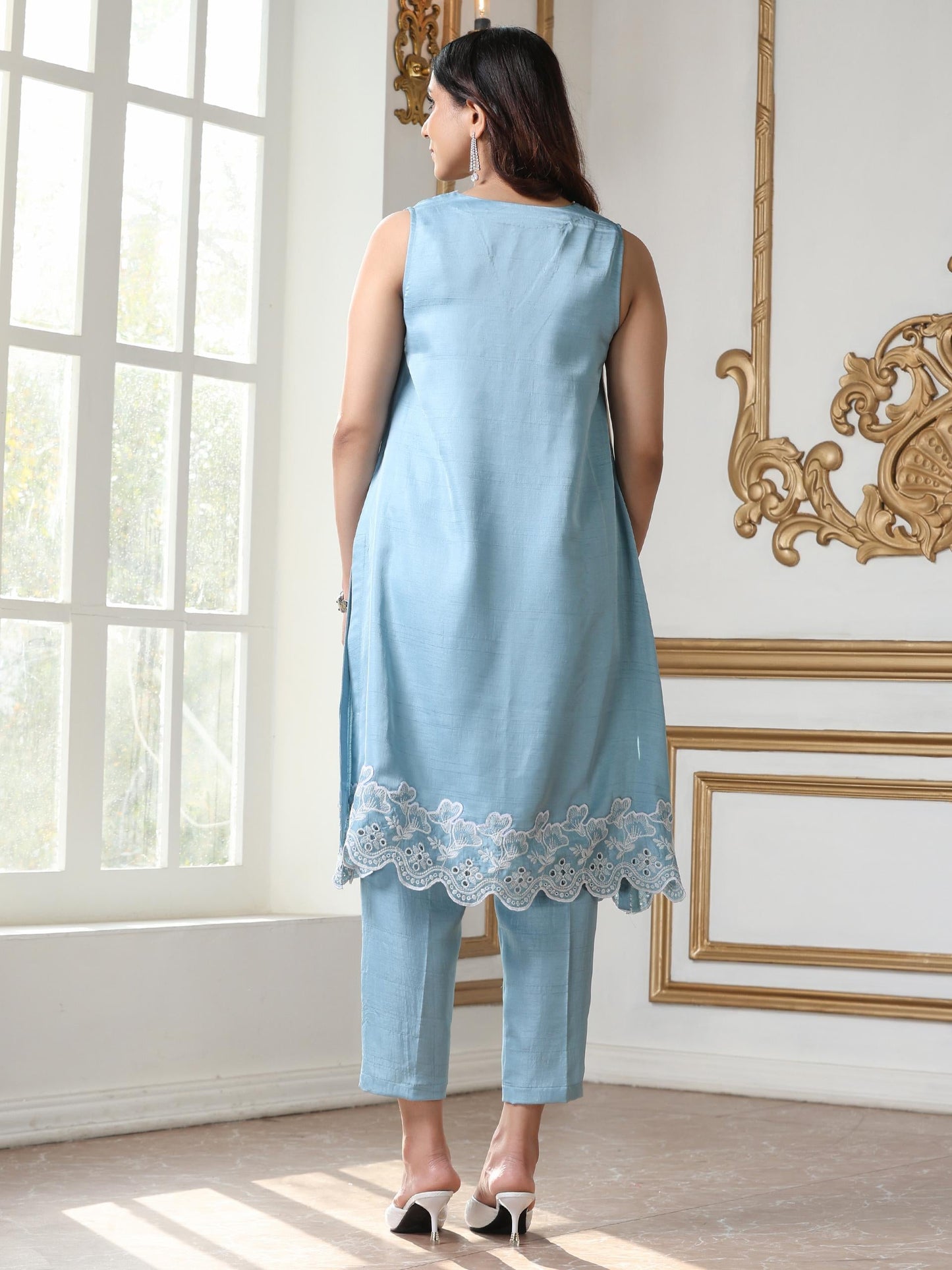 Dhiyona ST Women’s Blue Suit Set with Pant | 2 Pc Set, A-Line, Schiffli Embroidery on Hem, Sleeveless, Work Wear, Casual Wear (PRF'T Lux Duchess Satin Fabric)