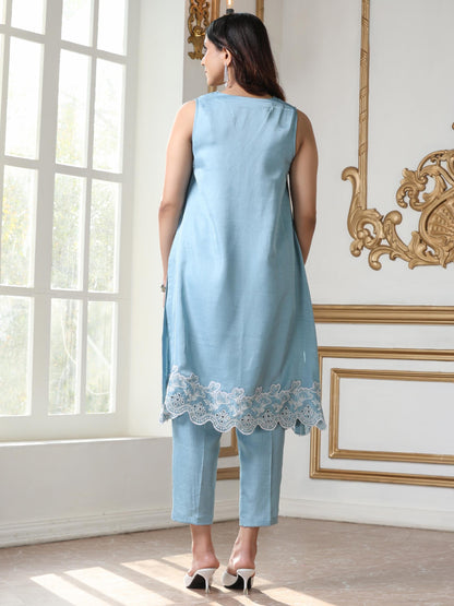 Dhiyona ST Women’s Blue Suit Set with Pant | 2 Pc Set, A-Line, Schiffli Embroidery on Hem, Sleeveless, Work Wear, Casual Wear (PRF'T Lux Duchess Satin Fabric)
