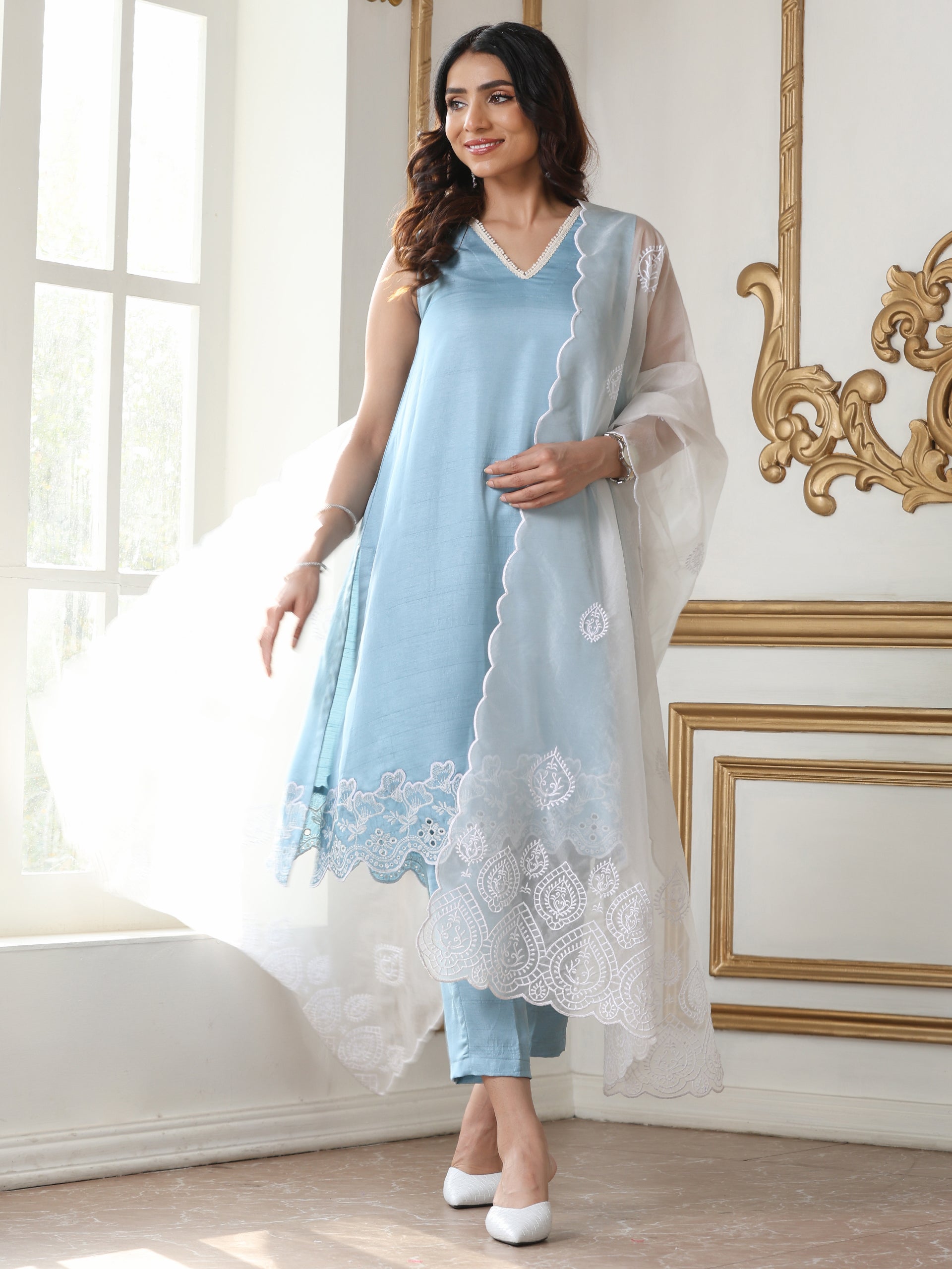 Dhiyona ST Women’s Blue Suit Set with Pant | 2 Pc Set, A-Line, Schiffli Embroidery on Hem, Sleeveless, Work Wear, Casual Wear (PRF'T Lux Duchess Satin Fabric)