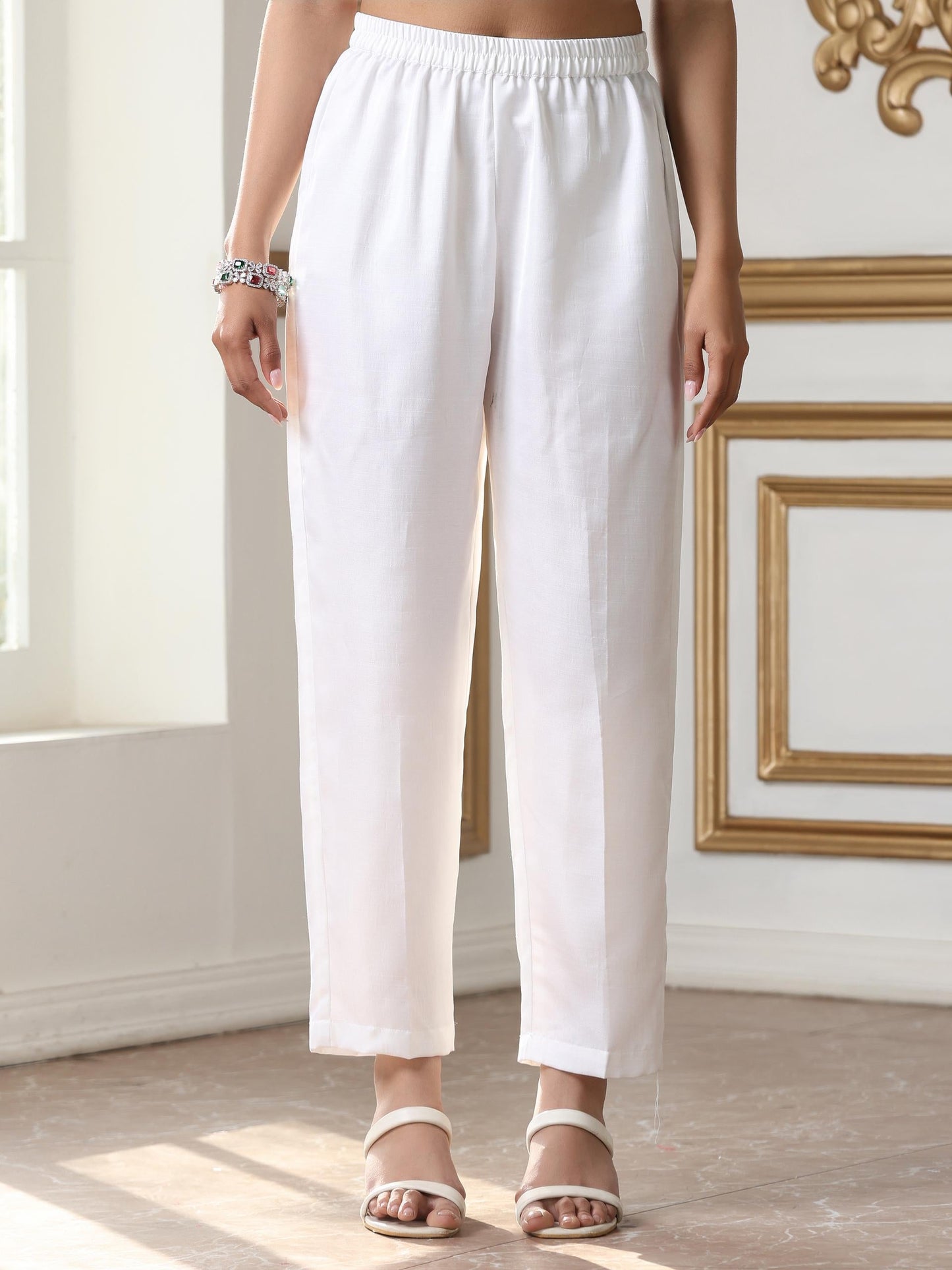 Dhiyona ST Women’s White Sleeveless Suit Set with Pant | 2 Pc Set, Paneled Design, Bead Detailing, Sleeveless, Work Wear, Casual Wear (PRF'T Lux Duchess Satin Fabric)
