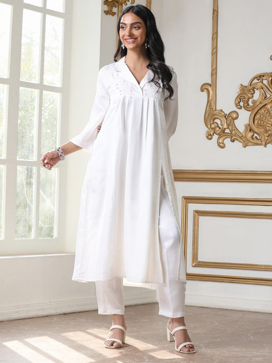 Dhiyona ST Women’s White Suit Set with Pant | 2 Pc Set, Collar Neck, Paneled Design, Hand Stitching on Yoke, 3/4th Sleeve, Work Wear, Casual Wear (PRF'T Lux Duchess Satin Fabric)