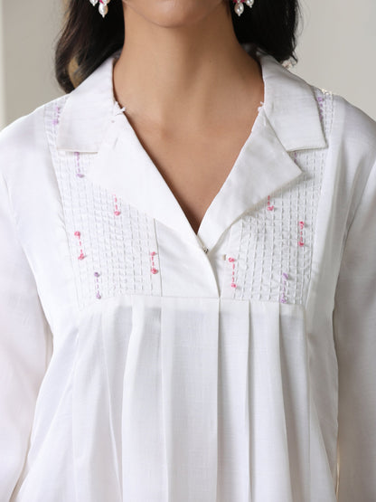 Dhiyona ST Women’s White Lux Kurta | 1 Pc, Panel Design, Hand-Stitched Embroidery,  Work Wear, Casual  Wear (PRF'T Lux Duchess Satin Fabric)
