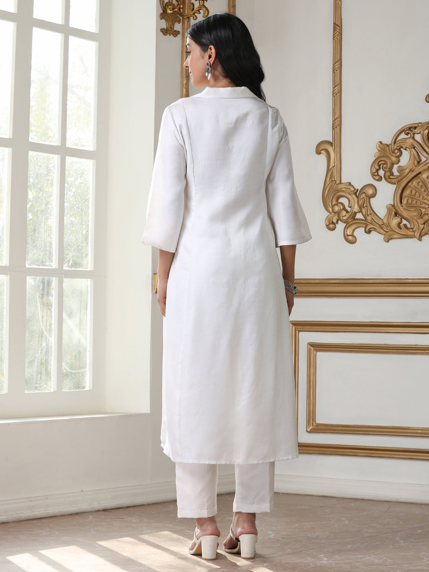 Dhiyona ST Women’s White Lux Kurta | 1 Pc, Panel Design, Hand-Stitched Embroidery,  Work Wear, Casual  Wear (PRF'T Lux Duchess Satin Fabric)