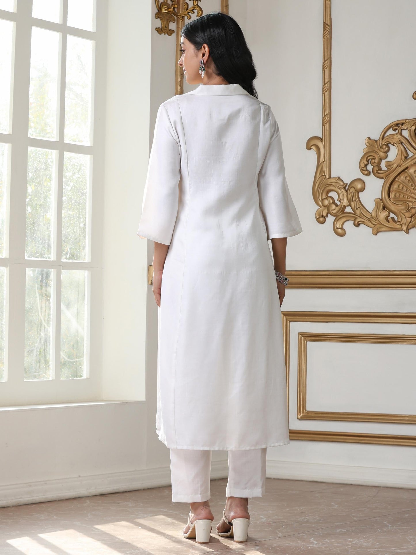 Dhiyona ST Women’s White Suit Set with Pant | 2 Pc Set, Collar Neck, Paneled Design, Hand Stitching on Yoke, 3/4th Sleeve, Work Wear, Casual Wear (PRF'T Lux Duchess Satin Fabric)