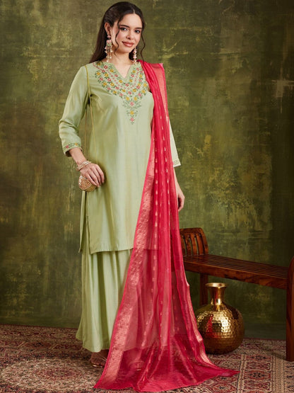 Embroidered Notched Neck Kurta & Sharara With Dupatta