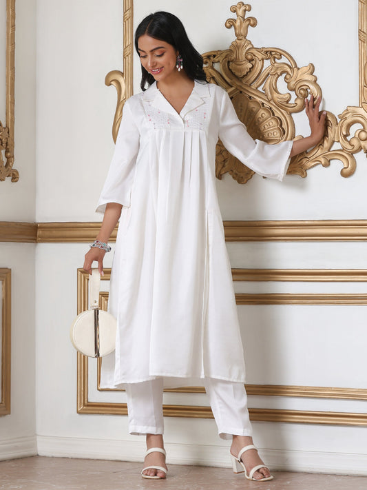 Dhiyona ST Women’s White Lux Kurta | 1 Pc, Panel Design, Hand-Stitched Embroidery,  Work Wear, Casual  Wear (PRF'T Lux Duchess Satin Fabric)