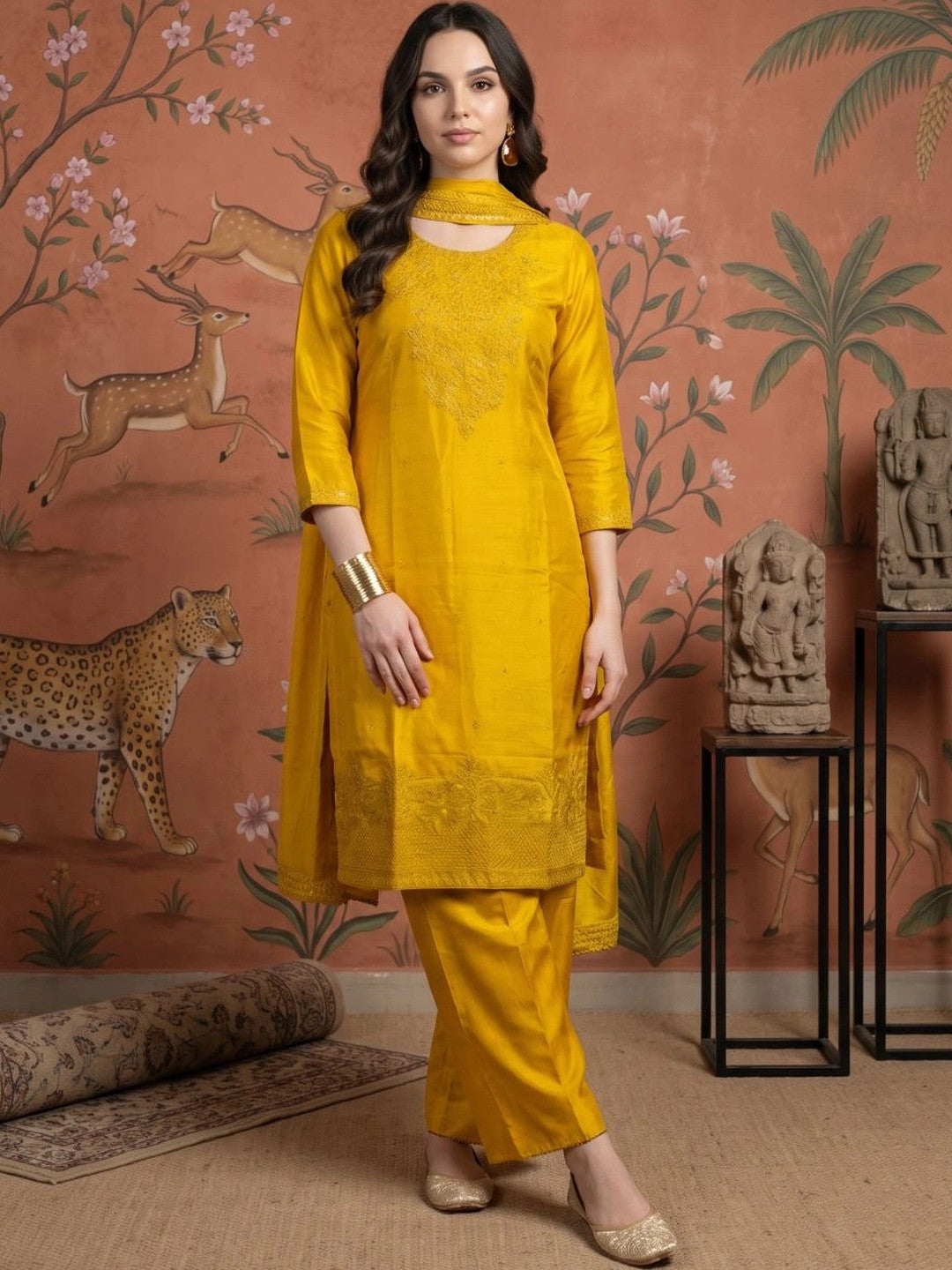 Dhiyona SN Women Ethnic Motifs Embroidered Regular Thread Work Kurta with Trousers & With Dupatta