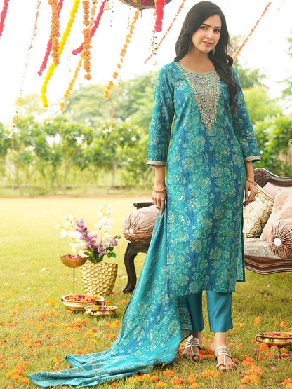Dhiyona KL Ethnic Motifs Printed Thread Work Straight Kurta With Trousers & Dupatta