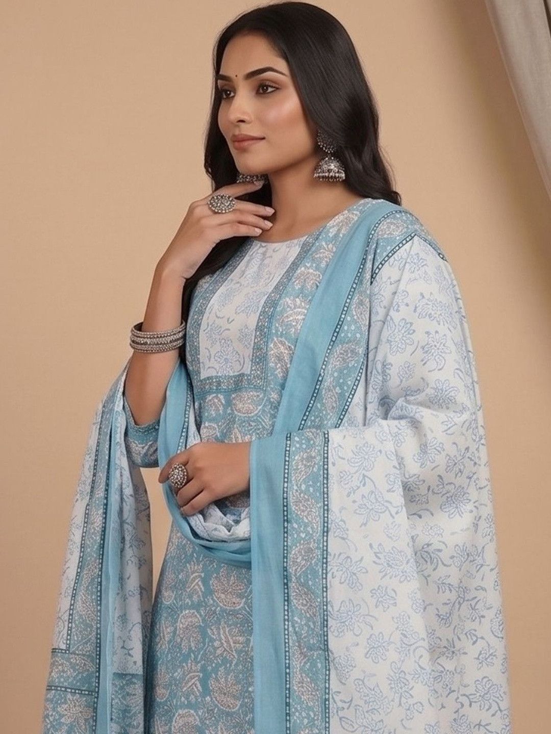Blue Women Floral Printed Regular Kurta with Patiala & With Dupatta