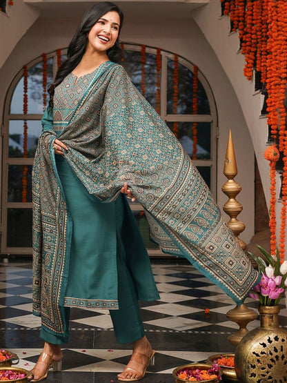 Dhiyona KL Ethnic Motifs Printed Notch Neck Straight Kurta With Trousers & Dupatta