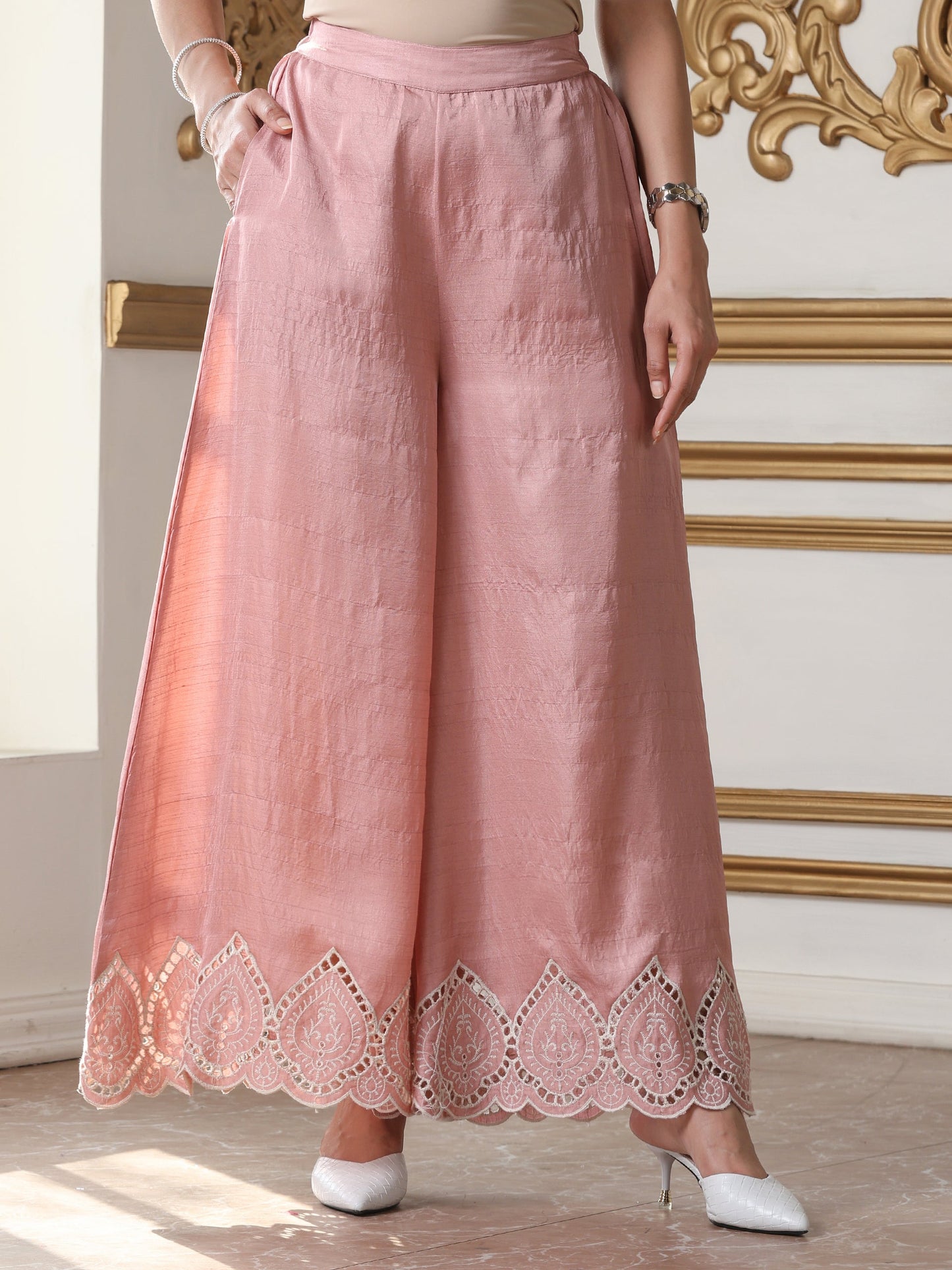 Dhiyona ST Women’s Pink Suit Set with Palazzo | 2 Pc Set, Halter Neck, Schiffli Embroidery on Hem, Sleeveless, Casual (PRF'T Lux Duchess Satin Fabric)