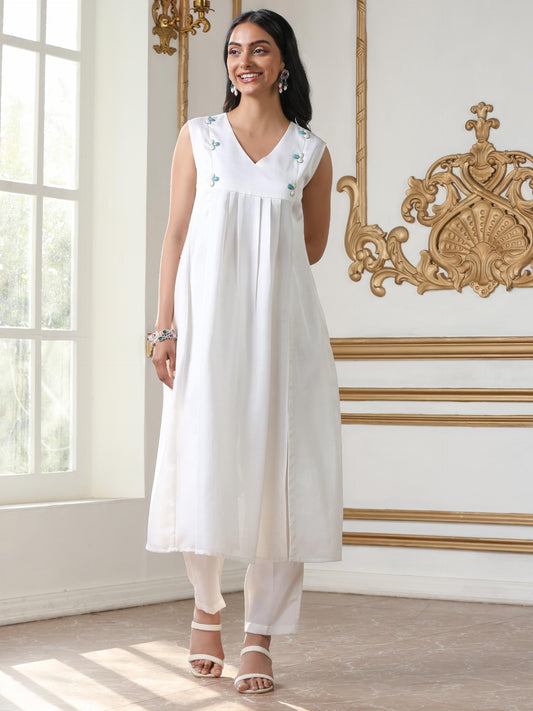 Dhiyona ST Women’s White Sleeveless Suit Set with Pant | 2 Pc Set, Paneled Design, Bead Detailing, Sleeveless, Work Wear, Casual Wear (PRF'T Lux Duchess Satin Fabric)
