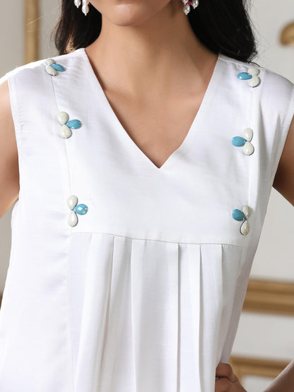 Dhiyona ST Women’s White Sleeveless Suit Set with Pant | 2 Pc Set, Paneled Design, Bead Detailing, Sleeveless, Work Wear, Casual Wear (PRF'T Lux Duchess Satin Fabric)
