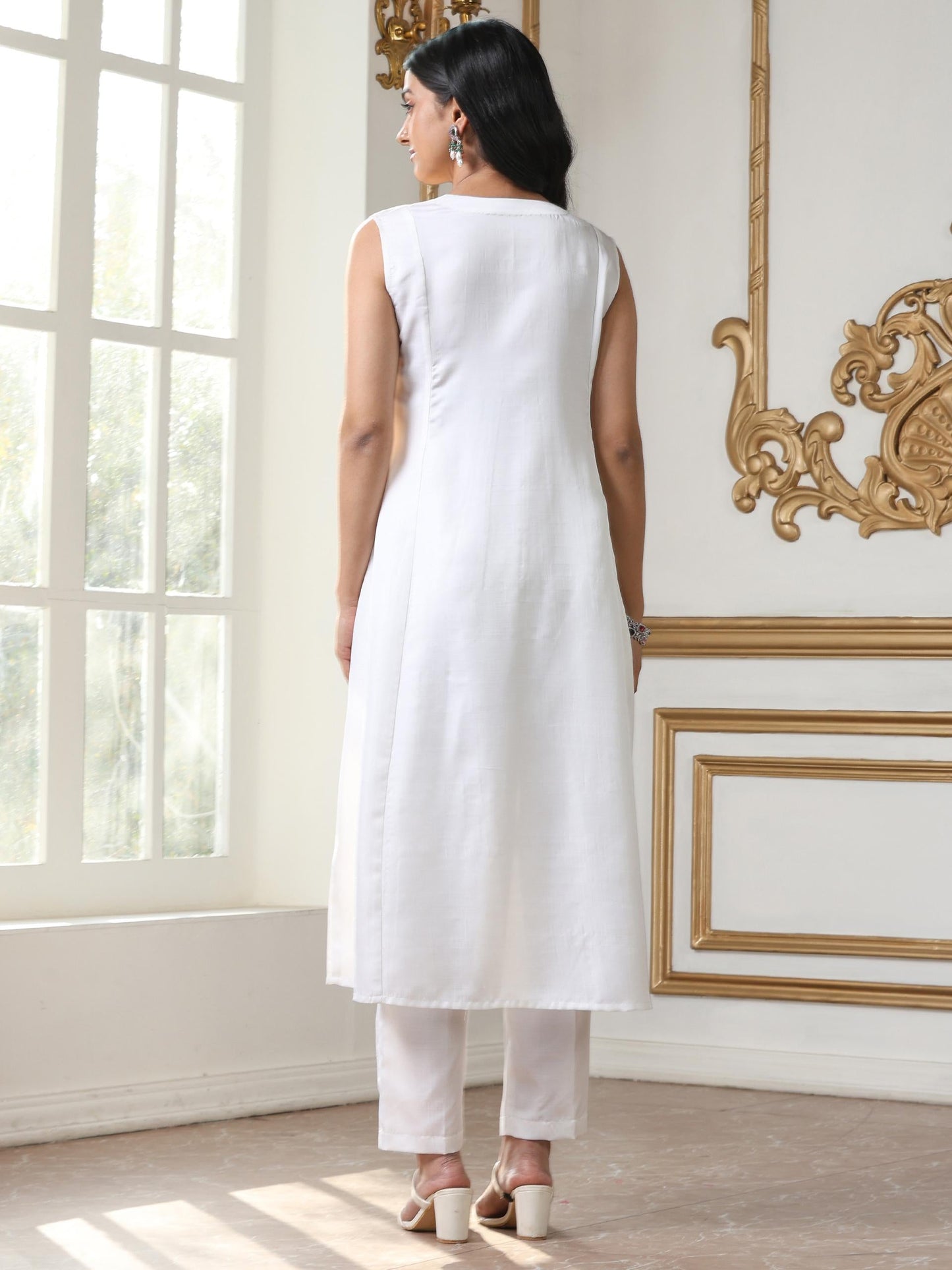 Dhiyona ST Women’s White Sleeveless Suit Set with Pant | 2 Pc Set, Paneled Design, Bead Detailing, Sleeveless, Work Wear, Casual Wear (PRF'T Lux Duchess Satin Fabric)