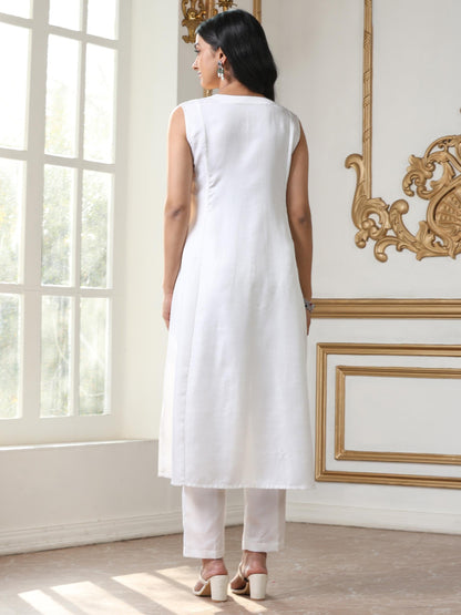Dhiyona ST Women’s White Sleeveless Suit Set with Pant | 2 Pc Set, Paneled Design, Bead Detailing, Sleeveless, Work Wear, Casual Wear (PRF'T Lux Duchess Satin Fabric)