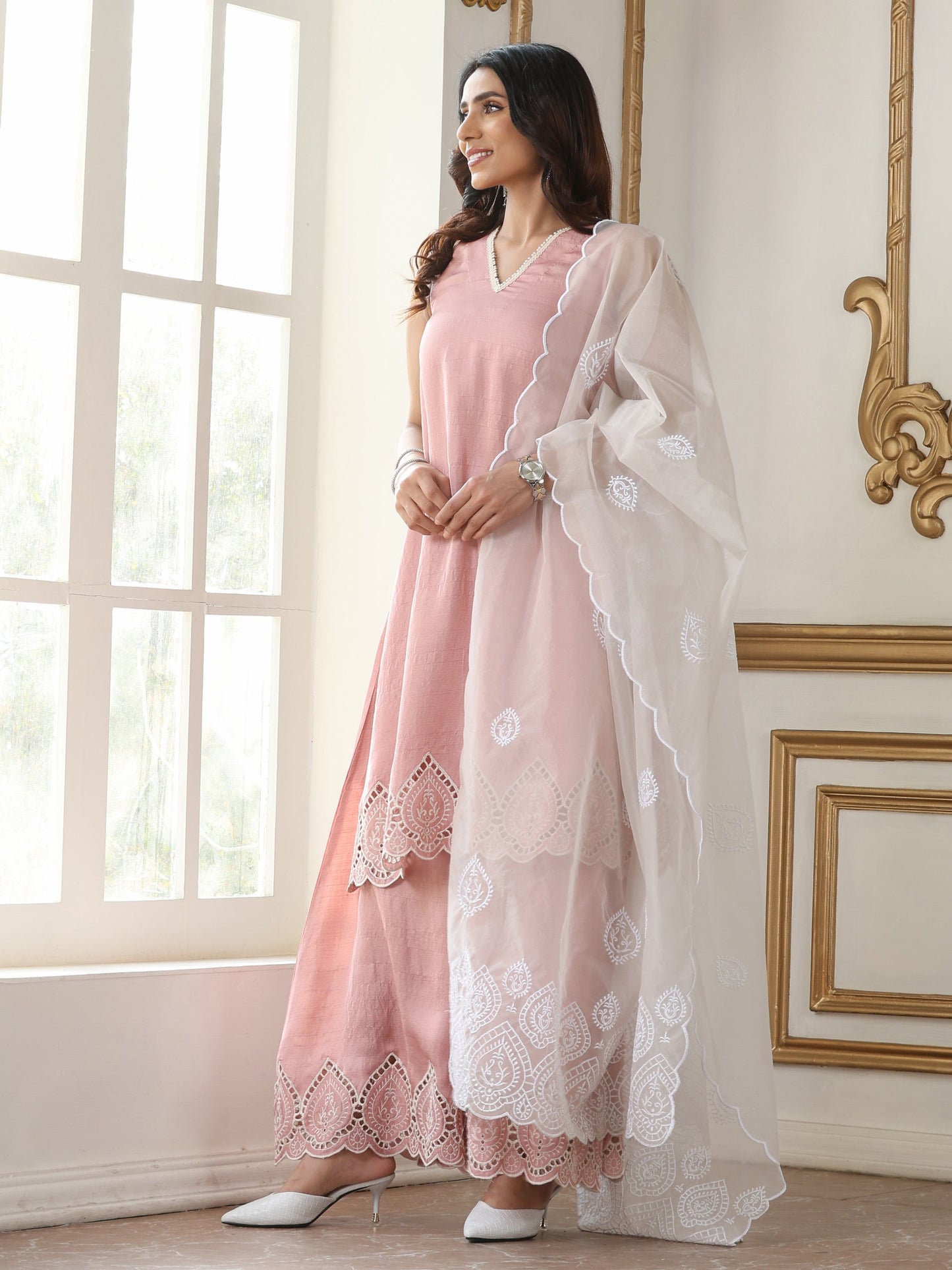Dhiyona ST Women’s White on White Organza Dupatta | 1 Pc, Beetle Design Embroidery, Festive Party Wear