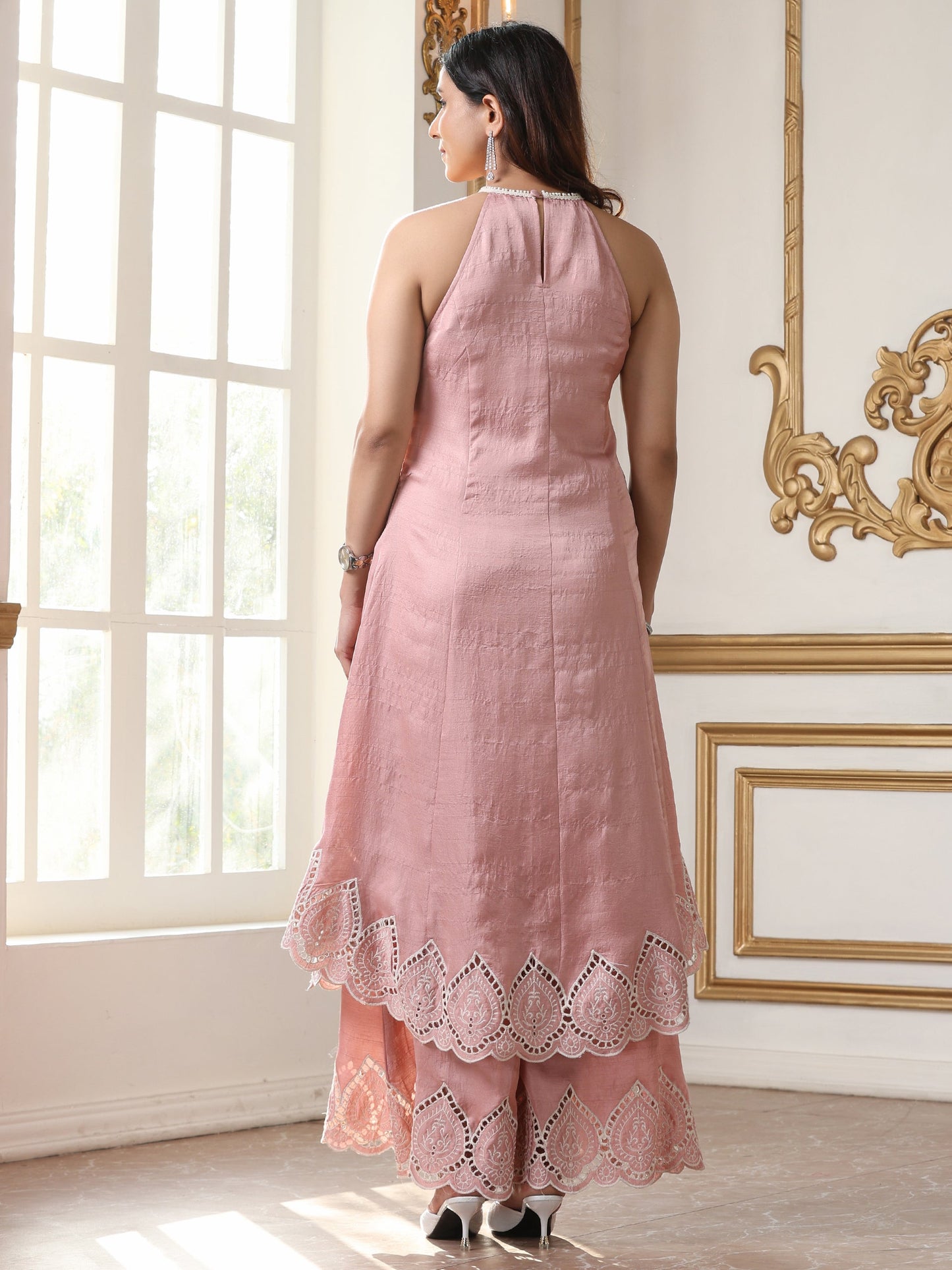 Dhiyona ST Women’s Pink Suit Set with Palazzo | 2 Pc Set, Halter Neck, Schiffli Embroidery on Hem, Sleeveless, Casual (PRF'T Lux Duchess Satin Fabric)