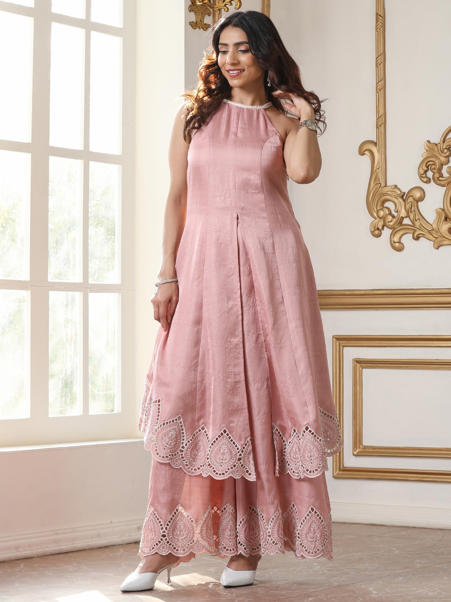 Dhiyona ST Women’s Pink Suit Set with Palazzo | 2 Pc Set, Halter Neck, Schiffli Embroidery on Hem, Sleeveless, Casual (PRF'T Lux Duchess Satin Fabric)