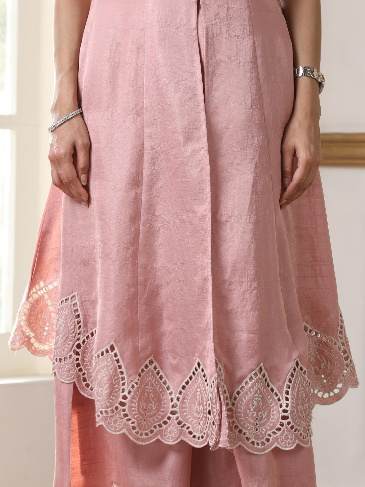 Dhiyona ST Women’s Pink Suit Set with Palazzo | 2 Pc Set, Halter Neck, Schiffli Embroidery on Hem, Sleeveless, Casual (PRF'T Lux Duchess Satin Fabric)
