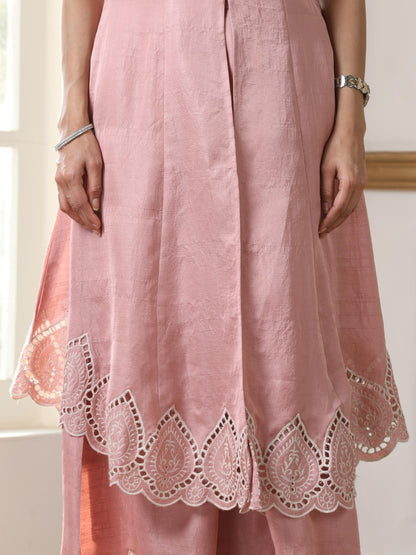 Dhiyona ST Women’s Pink Suit Set with Palazzo | 2 Pc Set, Halter Neck, Schiffli Embroidery on Hem, Sleeveless, Casual (PRF'T Lux Duchess Satin Fabric)