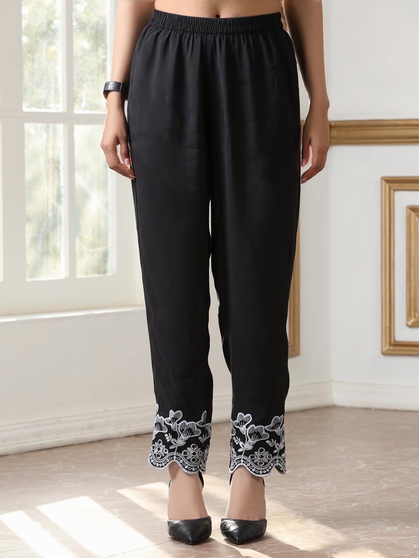 Dhiyona ST Women’s Black Paneled Suit Set with Pant | 2 Pc Set, Paneled Design, Schiffli Embroidery on Sleeve & Pant, 3/4th Sleeves, Festive Party Work Wear , Casual Wear(AirSkin Cotton Silk Blend Fabric)
