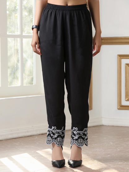 Dhiyona ST Women’s Black Paneled Suit Set with Pant | 2 Pc Set, Paneled Design, Schiffli Embroidery on Sleeve & Pant, 3/4th Sleeves, Festive Party Work Wear , Casual Wear(AirSkin Cotton Silk Blend Fabric)