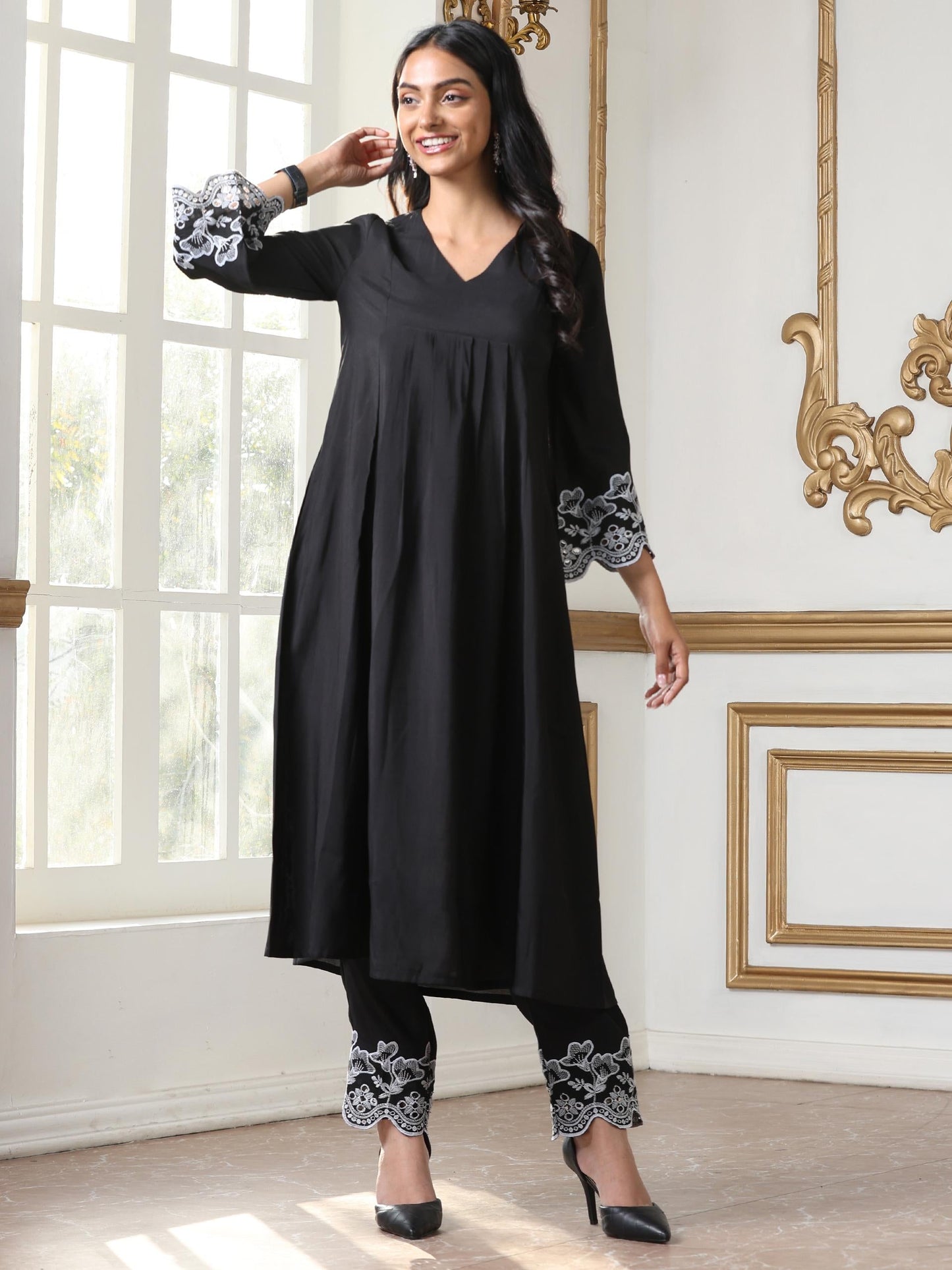 Dhiyona ST Women’s Black Paneled Suit Set with Pant | 2 Pc Set, Paneled Design, Schiffli Embroidery on Sleeve & Pant, 3/4th Sleeves, Festive Party Work Wear , Casual Wear(AirSkin Cotton Silk Blend Fabric)