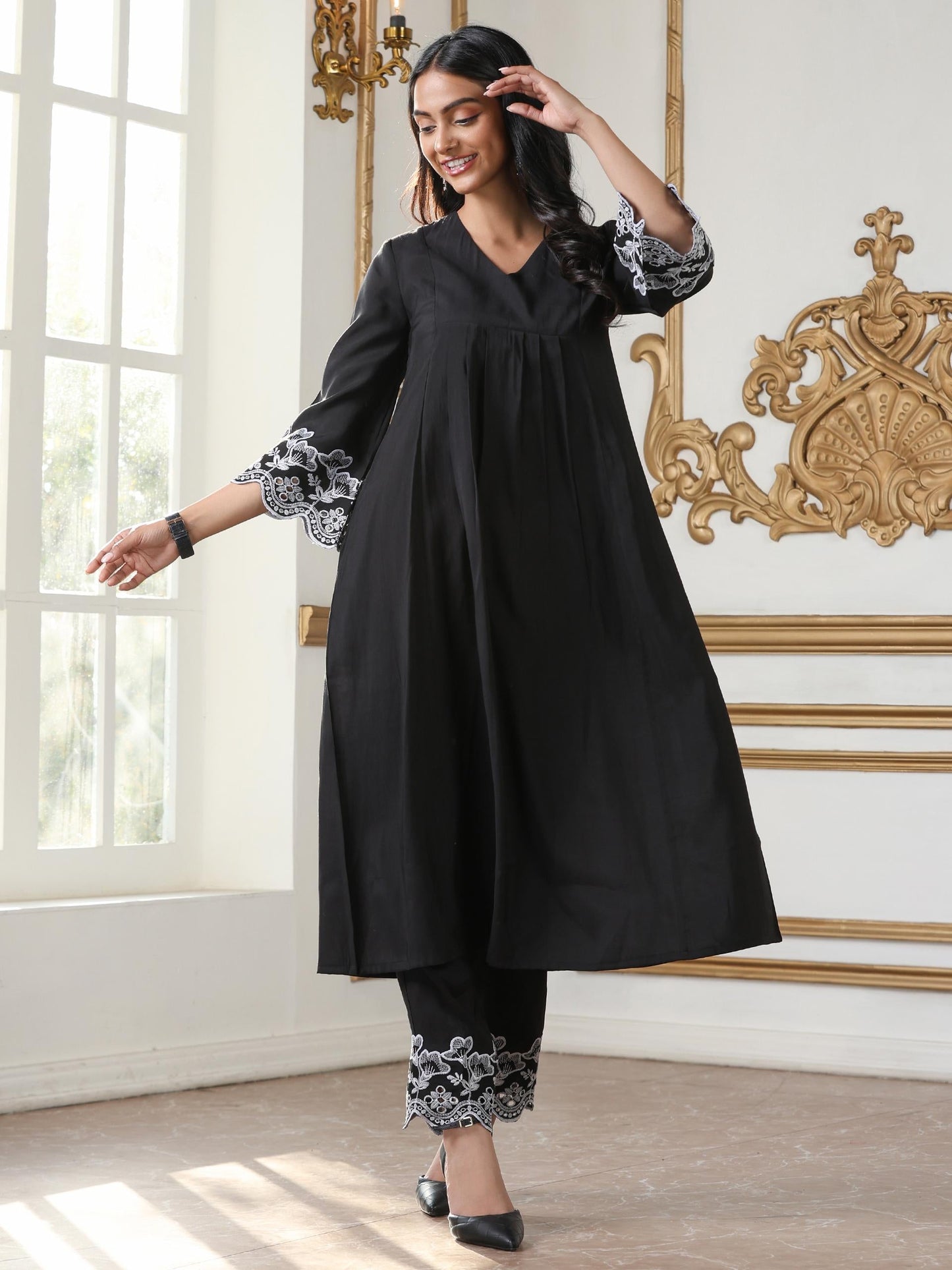 Dhiyona ST Women’s Black Paneled Suit Set with Pant | 2 Pc Set, Paneled Design, Schiffli Embroidery on Sleeve & Pant, 3/4th Sleeves, Festive Party Work Wear , Casual Wear(AirSkin Cotton Silk Blend Fabric)