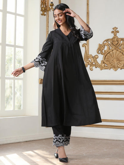 Dhiyona ST Women’s Black Paneled Suit Set with Pant | 2 Pc Set, Paneled Design, Schiffli Embroidery on Sleeve & Pant, 3/4th Sleeves, Festive Party Work Wear , Casual Wear(AirSkin Cotton Silk Blend Fabric)