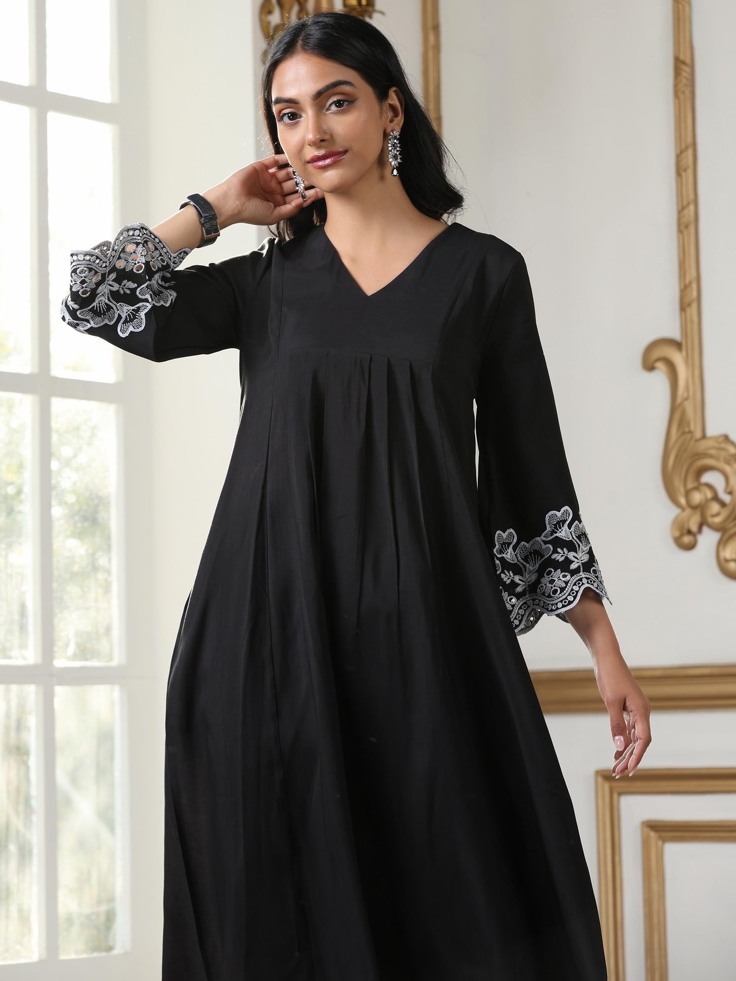 Dhiyona ST Women’s Black Paneled Suit Set with Pant | 2 Pc Set, Paneled Design, Schiffli Embroidery on Sleeve & Pant, 3/4th Sleeves, Festive Party Work Wear , Casual Wear(AirSkin Cotton Silk Blend Fabric)