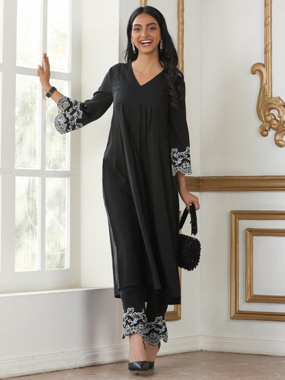 Dhiyona ST Women’s Black Paneled Suit Set with Pant | 2 Pc Set, Paneled Design, Schiffli Embroidery on Sleeve & Pant, 3/4th Sleeves, Festive Party Work Wear , Casual Wear(AirSkin Cotton Silk Blend Fabric)