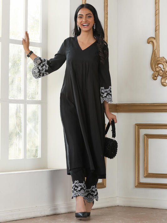 Dhiyona ST Women’s Black Paneled Suit Set with Pant | 2 Pc Set, Paneled Design, Schiffli Embroidery on Sleeve & Pant, 3/4th Sleeves, Festive Party Work Wear , Casual Wear(AirSkin Cotton Silk Blend Fabric)