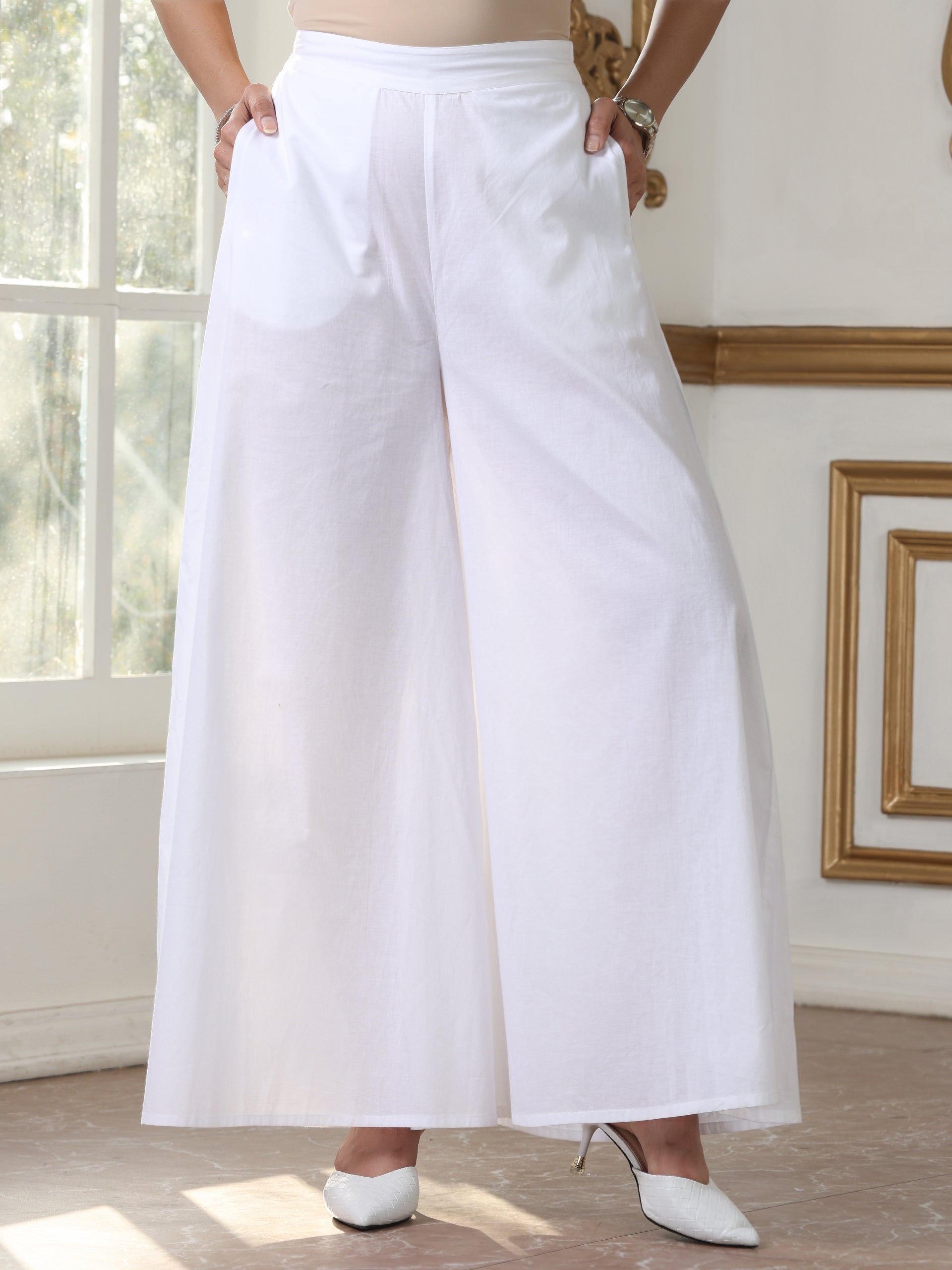 Dhiyona ST Women’s White Palazzo | 1 Pc, 100% Cotton Cambric Fabric, Casual Wear