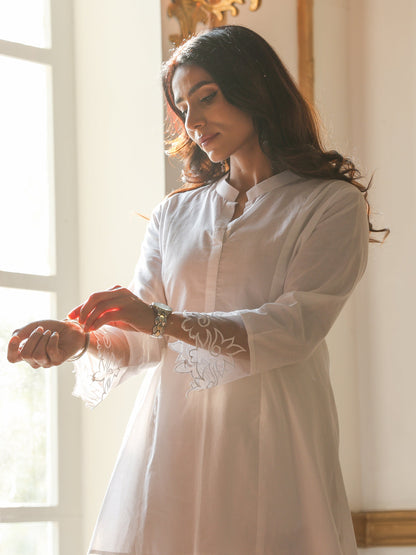 Dhiyona ST Women’s White Kurta Top | 1 Pc, Net Embroidery on Sleeve, Casual Wear, Work Wear (100% Cotton Cambric Extra Soft Breathable Fabric)