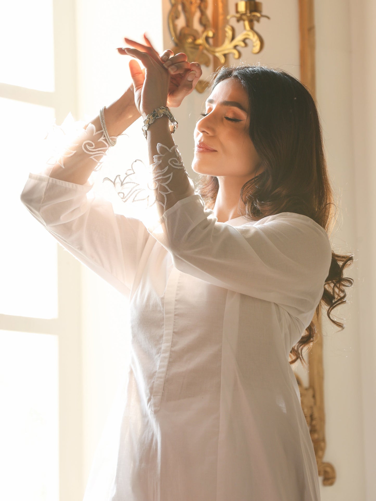 Dhiyona ST Women’s White Kurta Top | 1 Pc, Net Embroidery on Sleeve, Casual Wear, Work Wear (100% Cotton Cambric Extra Soft Breathable Fabric)