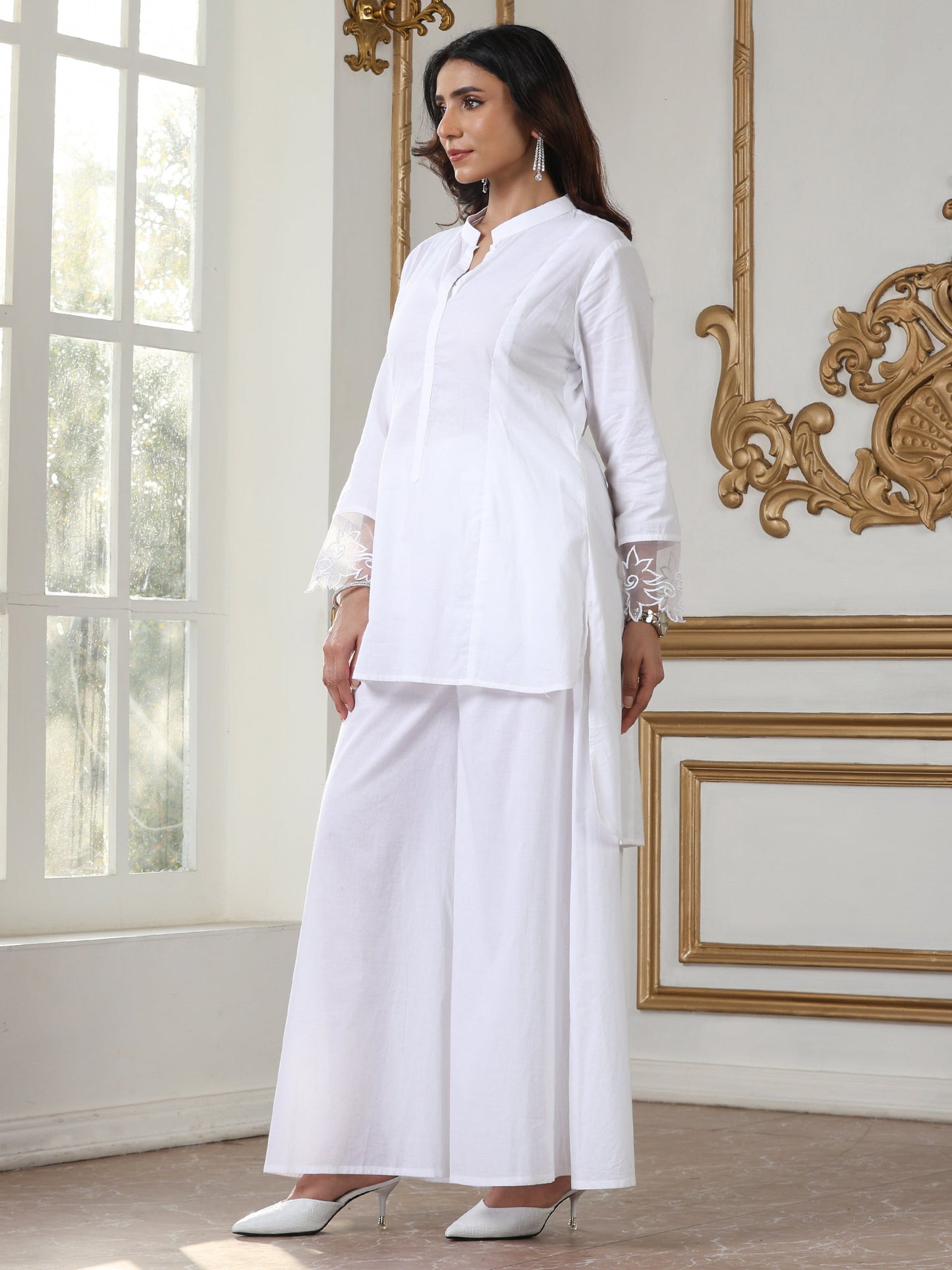 Dhiyona ST Women’s White Kurta Top | 1 Pc, Net Embroidery on Sleeve, Casual Wear, Work Wear (100% Cotton Cambric Extra Soft Breathable Fabric)