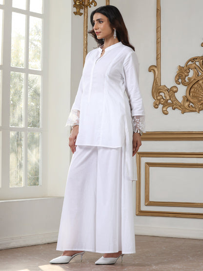 Dhiyona ST Women’s White Kurta Top | 1 Pc, Net Embroidery on Sleeve, Casual Wear, Work Wear (100% Cotton Cambric Extra Soft Breathable Fabric)