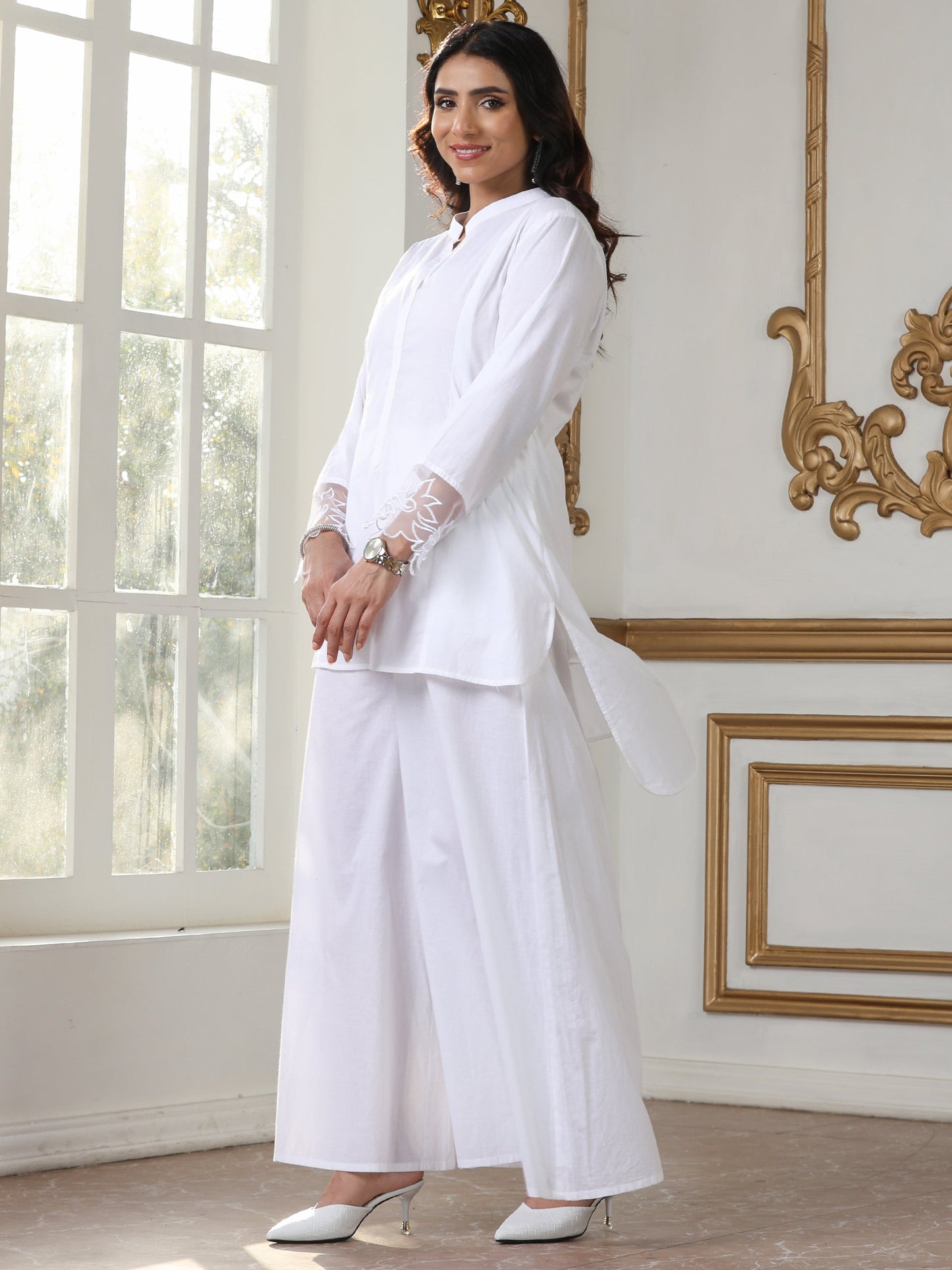 Dhiyona ST Women’s White Kurta Top | 1 Pc, Net Embroidery on Sleeve, Casual Wear, Work Wear (100% Cotton Cambric Extra Soft Breathable Fabric)