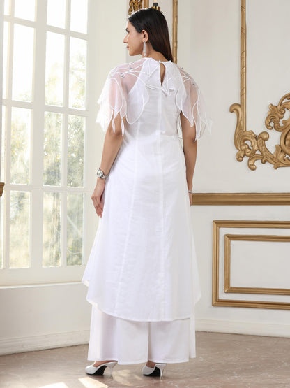 Dhiyona ST Women’s White Suit Set with Net Sleeves and Palazzo | 2 Pc Set, Halter Neck, Embroidered Net Detailing, Sleeveless, Festive Party Wear (100% Cotton Cambric Extra Soft Breathable Fabric)