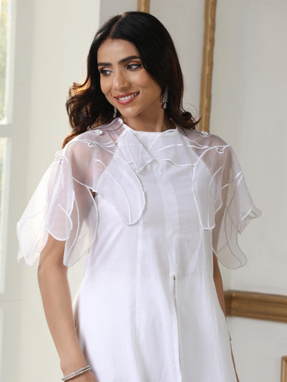 Dhiyona ST Women’s White Suit Set with Net Sleeves and Palazzo | 2 Pc Set, Halter Neck, Embroidered Net Detailing, Sleeveless, Festive Party Wear (100% Cotton Cambric Extra Soft Breathable Fabric)