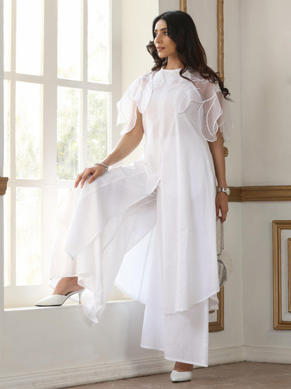 Dhiyona ST Women’s White Suit Set with Net Sleeves and Palazzo | 2 Pc Set, Halter Neck, Embroidered Net Detailing, Sleeveless, Festive Party Wear (100% Cotton Cambric Extra Soft Breathable Fabric)