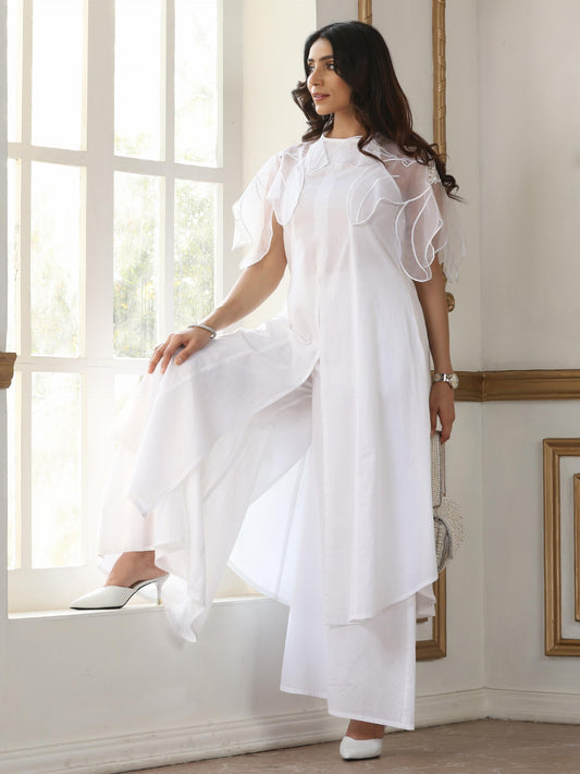 Dhiyona ST Women’s White Suit Set with Net Sleeves and Palazzo | 2 Pc Set, Halter Neck, Embroidered Net Detailing, Sleeveless, Festive Party Wear (100% Cotton Cambric Extra Soft Breathable Fabric)