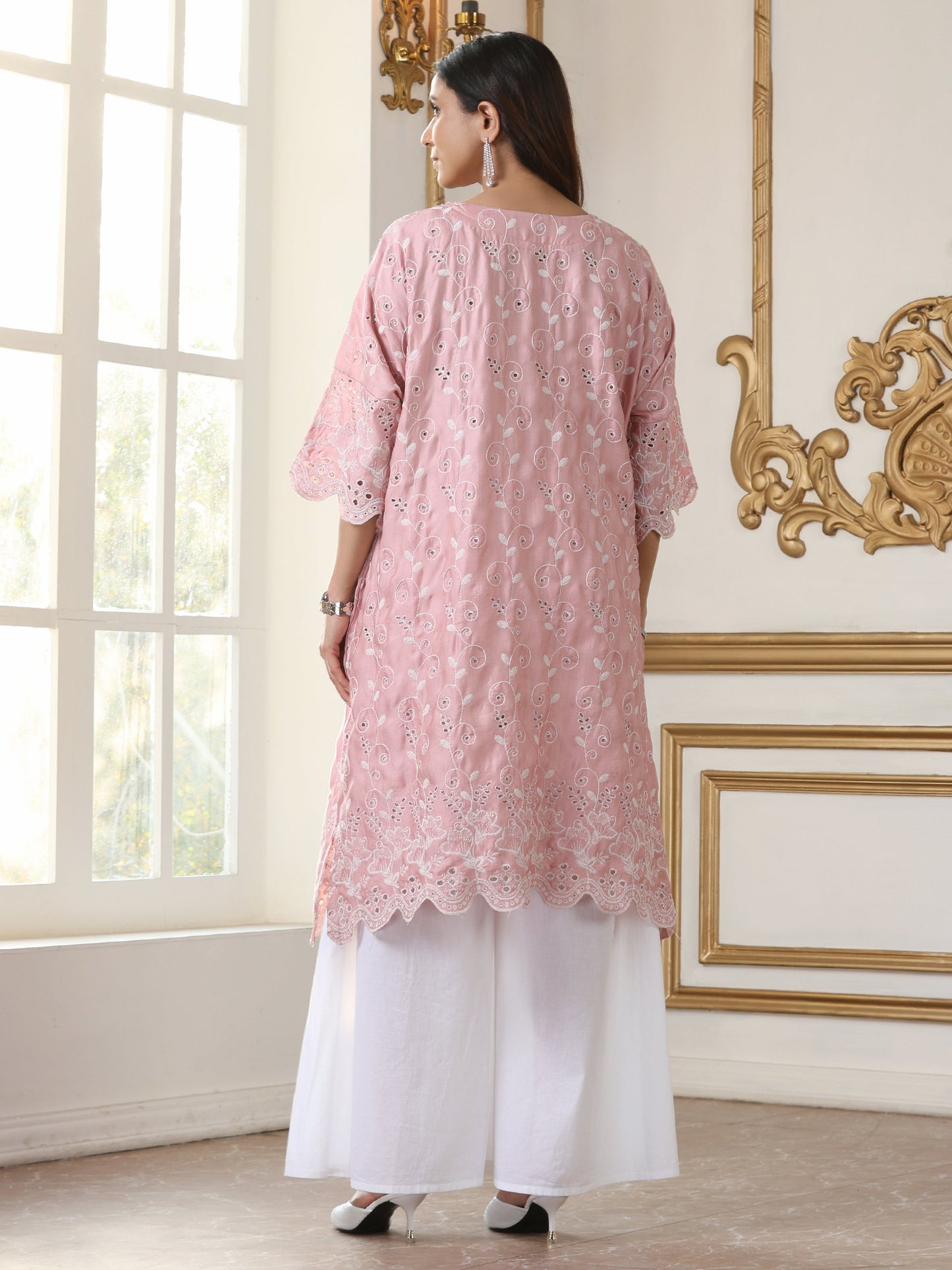 Dhiyona ST Women’s Pink All Over Schffli Kurta | 1 Pc, Easy Fit, Allover Schiffli Embroidery, Work Wear, Festive Party Wear (PRF'T Lux Duchess Satin Fabric)