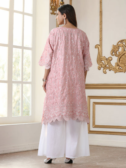 Dhiyona ST Women’s Pink All Over Schffli Kurta | 1 Pc, Easy Fit, Allover Schiffli Embroidery, Work Wear, Festive Party Wear (PRF'T Lux Duchess Satin Fabric)