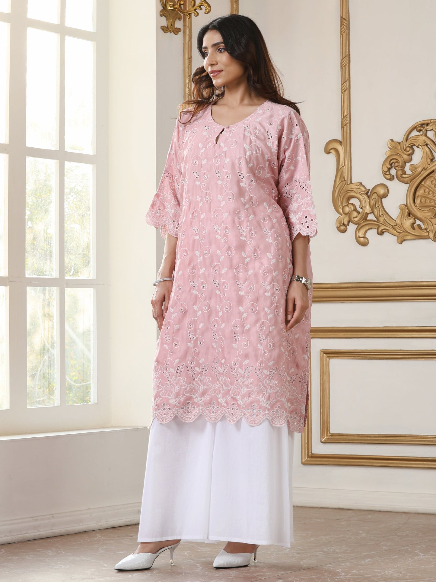 Dhiyona ST Women’s Pink All Over Schffli Kurta | 1 Pc, Easy Fit, Allover Schiffli Embroidery, Work Wear, Festive Party Wear (PRF'T Lux Duchess Satin Fabric)